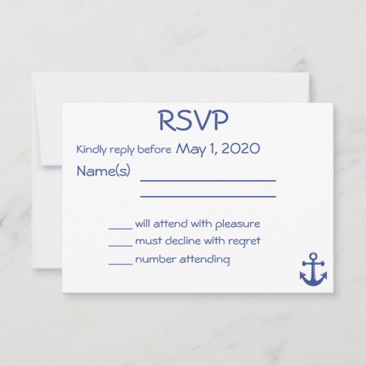 ホワイトウェデ航海のィングRSVPカードといかり 出欠カード (正面)