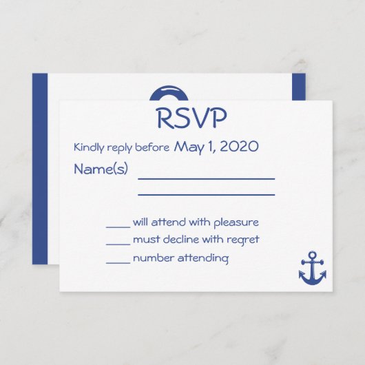 ホワイトウェデ航海のィングRSVPカードといかり 出欠カード (正面/裏面)