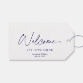 ホワイトウェルカムラベルと埃っぽいブルー花模様 ギフトタグ (正面(横))