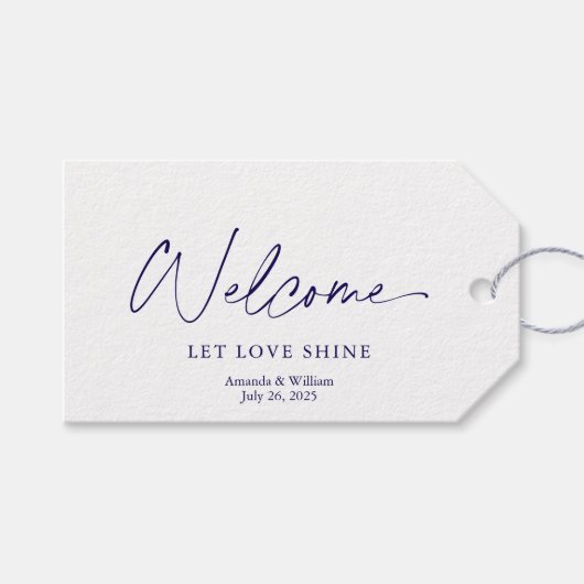 ホワイトウェルカムラベルと埃っぽいブルー花模様 ギフトタグ (正面(横))