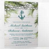 ホワイトウォッシュウッドパーム葉ティール(緑がかった色)いかり結婚ズ 三つ折り招待状 (内部最初)