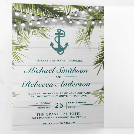 ホワイトウォッシュウッドパーム葉ティール（緑がかった色）いかり結婚ズ 三つ折り招待状 (内部最初)