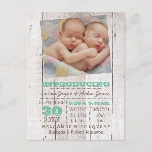 ホワイトウォッシュグリーンツインズ写真誕生のお知らせ 案内ポストカード (正面)