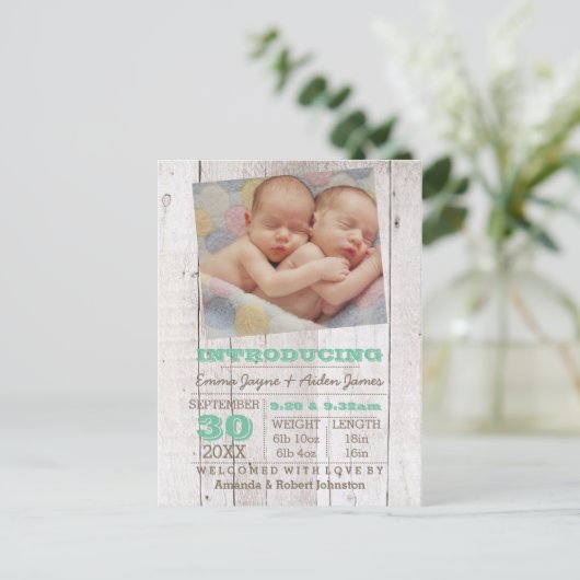 ホワイトウォッシュグリーンツインズ写真誕生のお知らせ 案内ポストカード (スタンド正面)