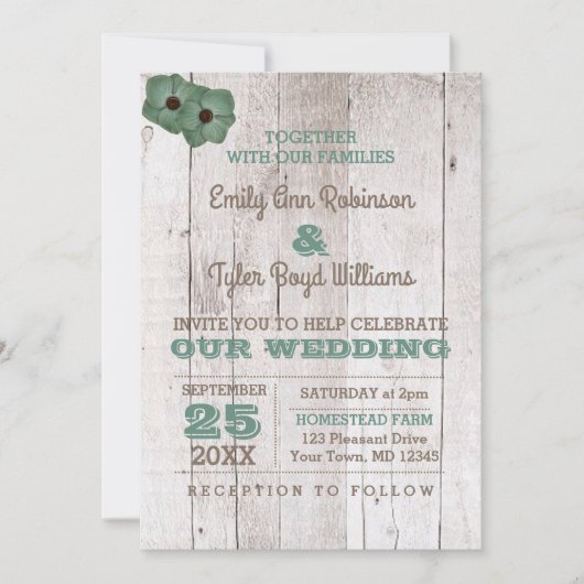 ホワイトウォッシュティール（緑がかった色）素朴結婚式招待状 招待状 (正面)