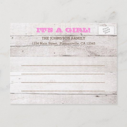 ホワイトウォッシュピンクの写真の誕生のお知らせ 案内ポストカード (裏面)