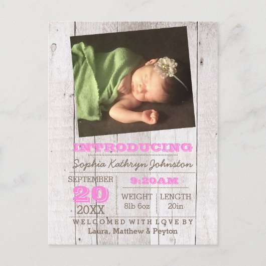 ホワイトウォッシュピンクの写真の誕生のお知らせ 案内ポストカード (正面)