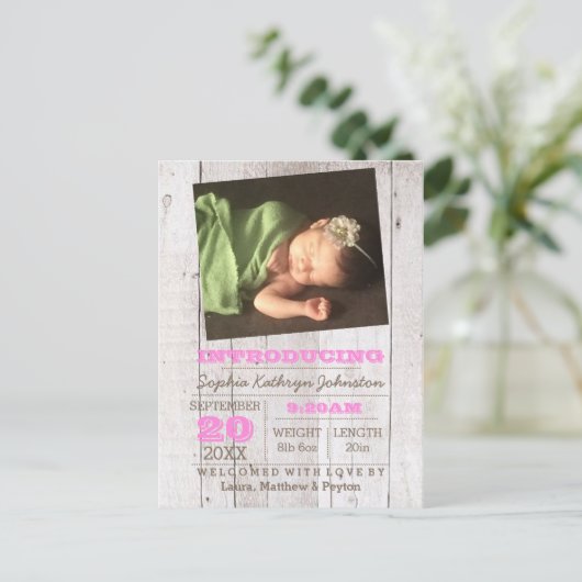 ホワイトウォッシュピンクの写真の誕生のお知らせ 案内ポストカード (スタンド正面)