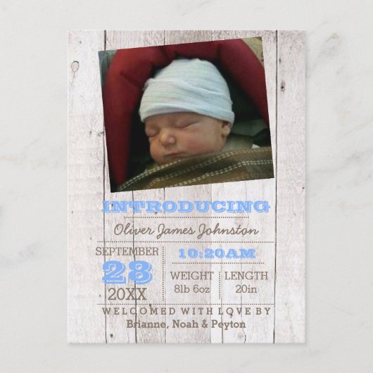 ホワイトウォッシュブルーフォト誕生のお知らせ 案内ポストカード (正面)