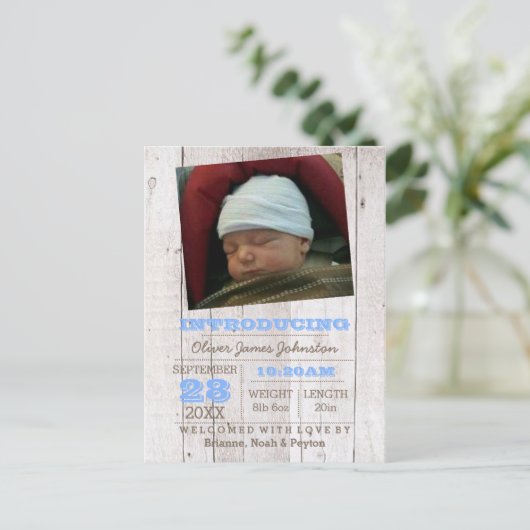 ホワイトウォッシュブルーフォト誕生のお知らせ 案内ポストカード (スタンド正面)