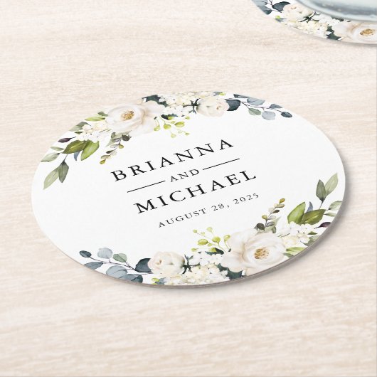 ホワイトウォーターのカラーフローラ花嫁と花婿の名前 ラウンドペーパーコースター (アングル)