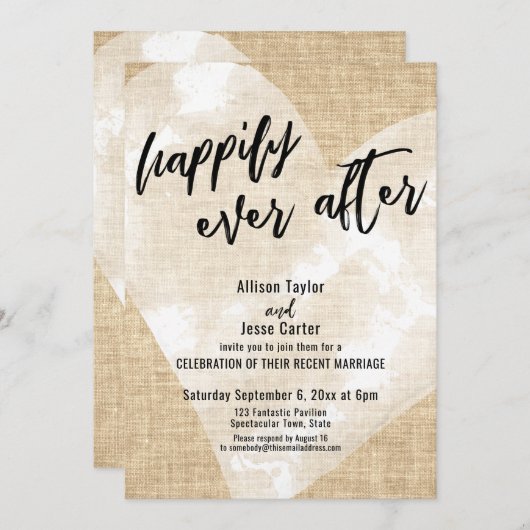 ホワイトウォーターの色のハートがBurlapの後に幸せに 招待状 (正面/裏面)