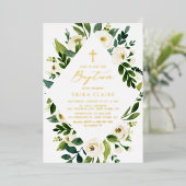 ホワイトウォーターの色の葉フローラフレームバプテスマ 箔招待状 (立ち正面)