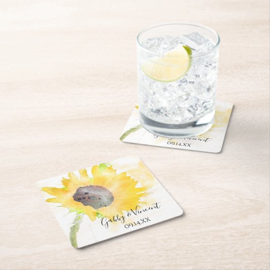 ホワイトウォーターの黄色のひまわり結婚の色 スクエアペーパーコースター (インサイチュ)