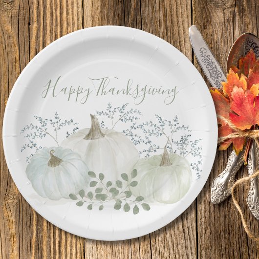 ホワイトウォーターカラーカボンプキンサンクスギビング ペーパープレート