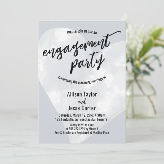 ホワイトウォーターカラーハート婚約パーティライトグレー 招待状 (スタンド正面)