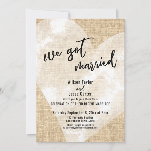 ホワイトウォーターカラーハート 私たち結婚しました 麻の結婚式パーティー 招待状 (正面)