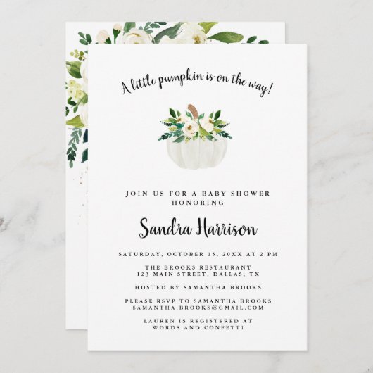 ホワイトウォーターカラーフローラカボチャ赤ちゃんシャワー 招待状 (正面/裏面)