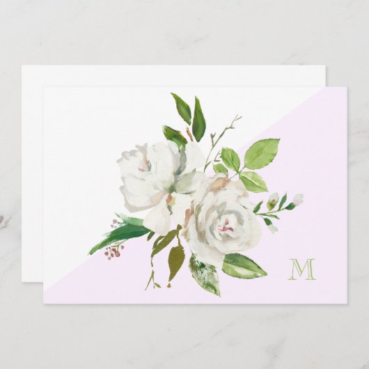 ホワイトウォーターカラーフローラモノグラムノートカード サンキューカード (正面/裏面)