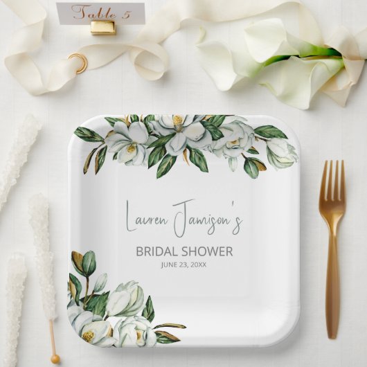 ホワイトウォーターカラーマグノリアグリーンリーブライダルシャワー ペーパープレート (ウェディング)