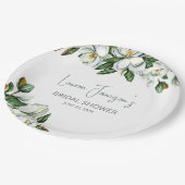 ホワイトウォーターカラーマグノリアグリーンリーブライダルシャワー ペーパープレート (アングル)