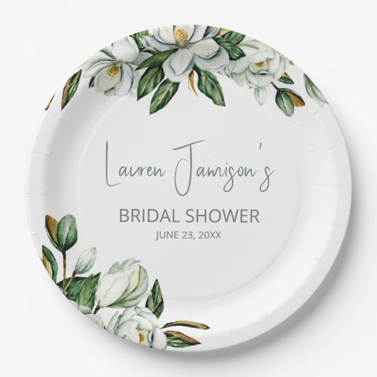 ホワイトウォーターカラーマグノリアグリーンリーブライダルシャワー ペーパープレート (正面)
