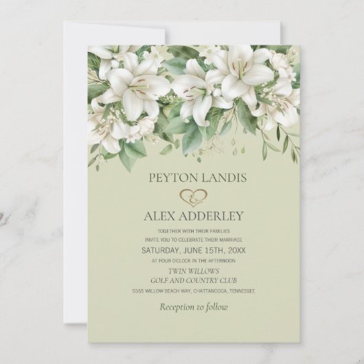 ホワイトウォーターカラーリリーグリーンリー結婚金ゴールド 招待状 (正面)