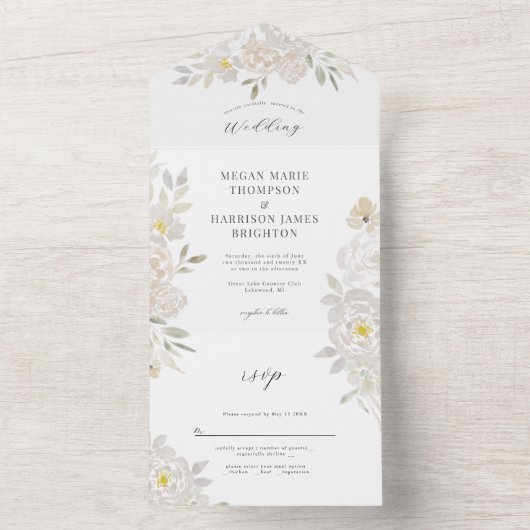 ホワイトウォーターカラー牡丹結婚式招待状 オールインワン招待状 (内側)