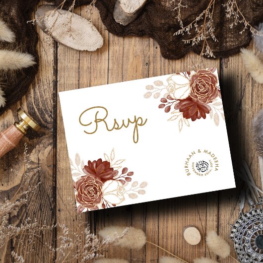 ホワイトウォーター素朴カラー金ゴールドムスリムウェディングRSVP ポストカード