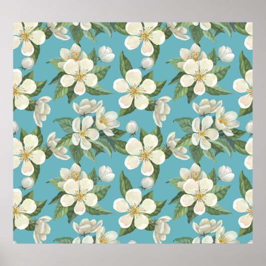 ホワイトウォーター色の花の緑葉の花 ポスター (正面)