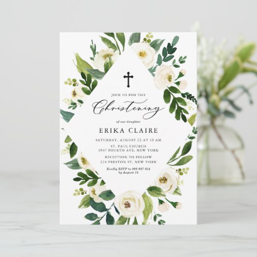 ホワイトウォーター色の離れフローラフレーム《キリスト教》洗礼式や命名式 招待状 (スタンド正面)