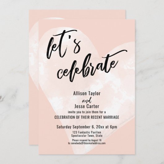 ホワイトウォーター色ハートレッツピンク祝赤面 招待状 (正面/裏面)