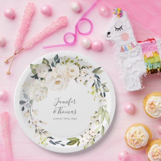 ホワイトウォーター色フローラ結婚リース ペーパープレート (パーティー)