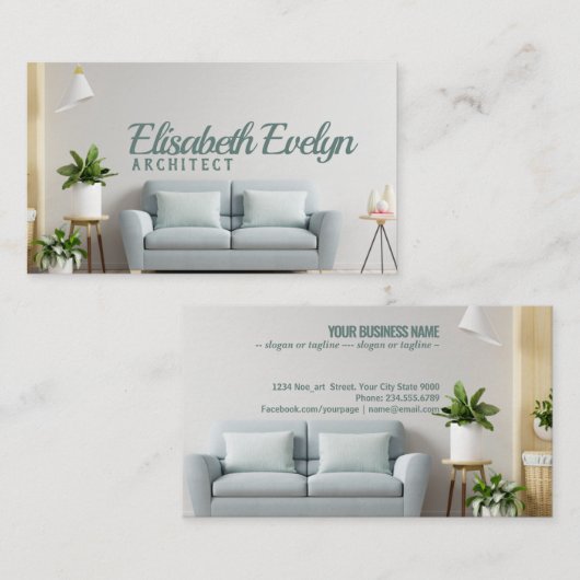 ホワイトウォールのリビングルームにソファと飾りが付いている 名刺 (正面/裏面)