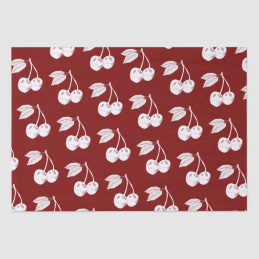 ホワイトウッドカットさくらんぼデザインオンダークレッド 薄葉紙 (正面)