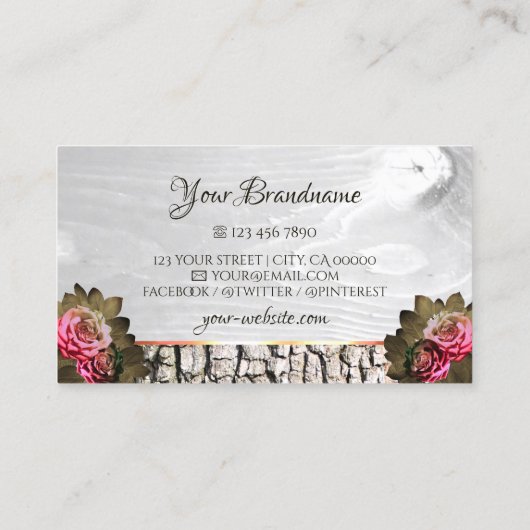 ホワイトウッドグレインピンクローゼズツリーバークとイニシャル 名刺 (裏面)