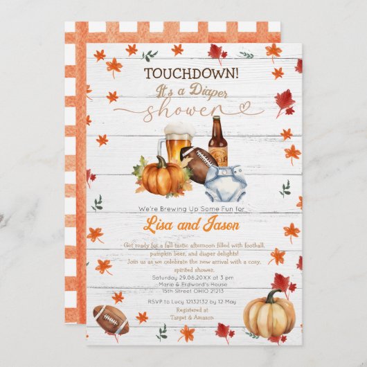 ホワイトウッドサッカーパンプキン秋おむつシャワー 招待状 (正面/裏面)