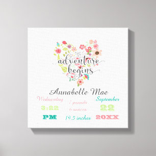 ホワイトウッドシックフローラハートベビーガール誕生統計 キャンバスプリント