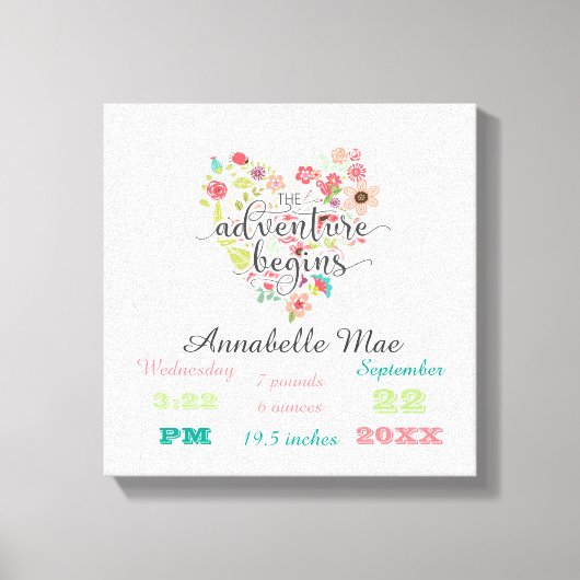 ホワイトウッドシックフローラハートベビーガール誕生統計 キャンバスプリント (正面)