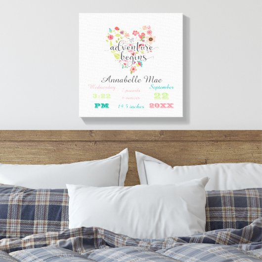 ホワイトウッドシックフローラハートベビーガール誕生統計 キャンバスプリント (インサイチュ (寝室))