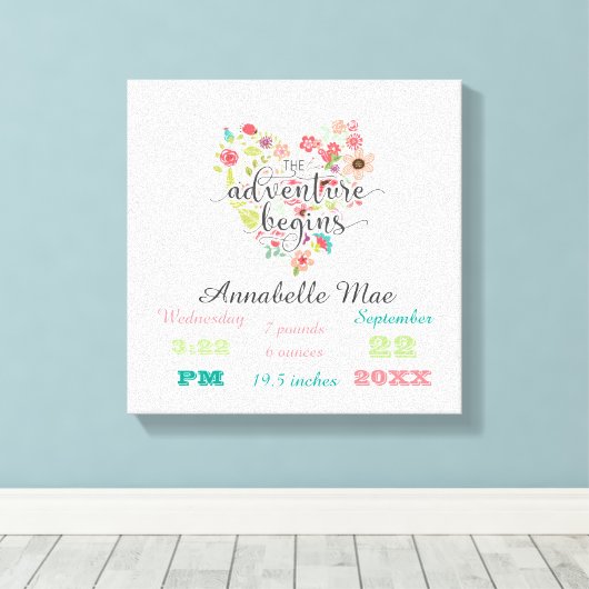ホワイトウッドシックフローラハートベビーガール誕生統計 キャンバスプリント (インサイチュ (ウッドフロア))