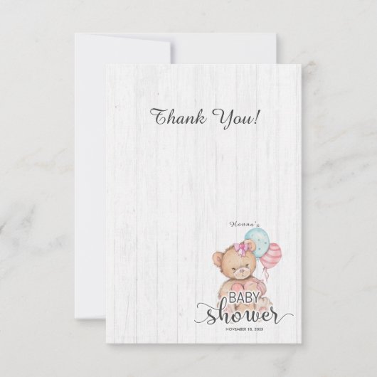 ホワイトウッドバルーンベア女の子ベビーシャワーありがとう サンキューカード (正面)