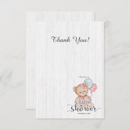 ホワイトウッドバルーンベア女の子ベビーシャワーありがとう サンキューカード (正面/裏面)