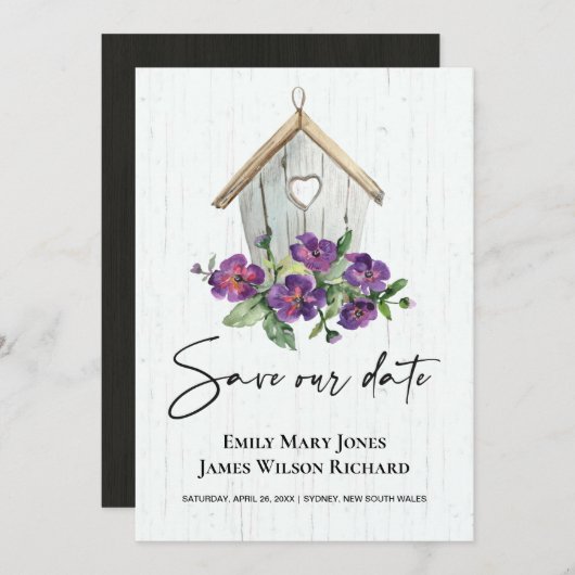 ホワイトウッドパープル素朴フローラバードハウス セーブザデート (正面/裏面)