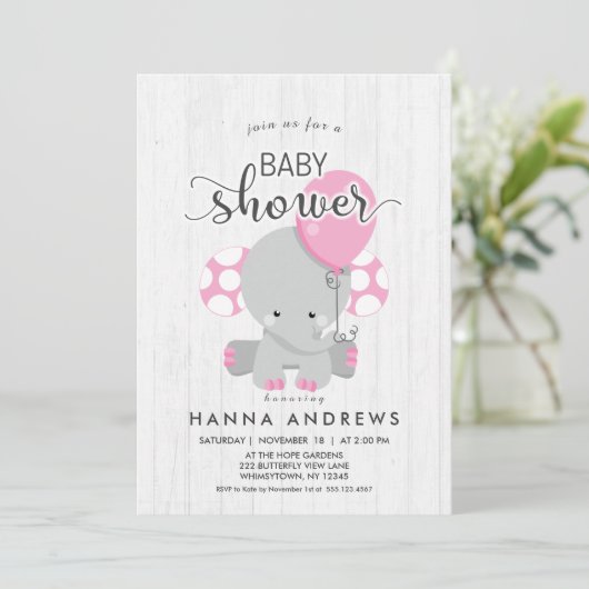 ホワイトウッドピンクエレファントベビーシャワー招待状 招待状 (スタンド正面)