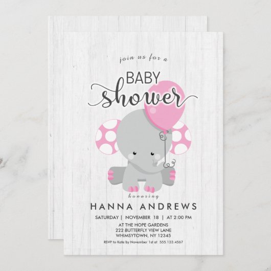 ホワイトウッドピンクエレファントベビーシャワー招待状 招待状 (正面/裏面)
