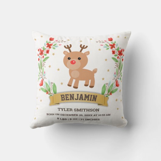 ホワイトウッドランドトラインデア男の赤ちゃん誕生統計 クッション (裏面)