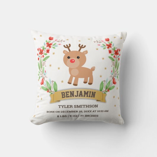 ホワイトウッドランドトラインデア男の赤ちゃん誕生統計 クッション (正面)