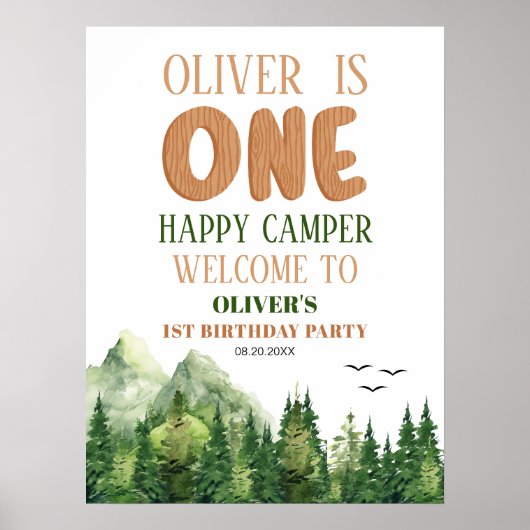 ホワイトウッドランドハッピーカンパーファースト誕生日ウェルカム ポスター (正面)