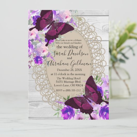 ホワイトウッドレースバタフライウェディング 招待状 (スタンド正面)